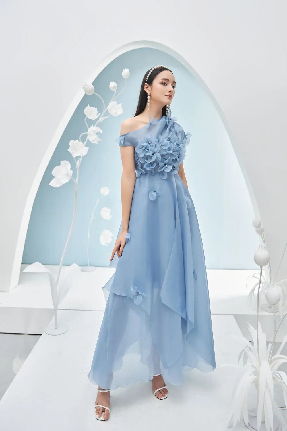 Rosalie Layered Asymmetric Shoulder Organza Maxi Dress