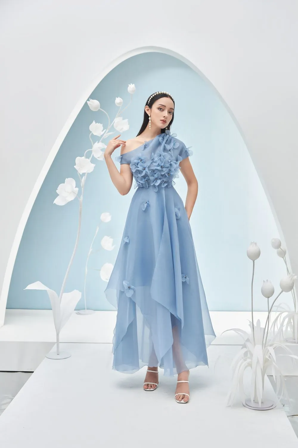 Rosalie Layered Asymmetric Shoulder Organza Maxi Dress