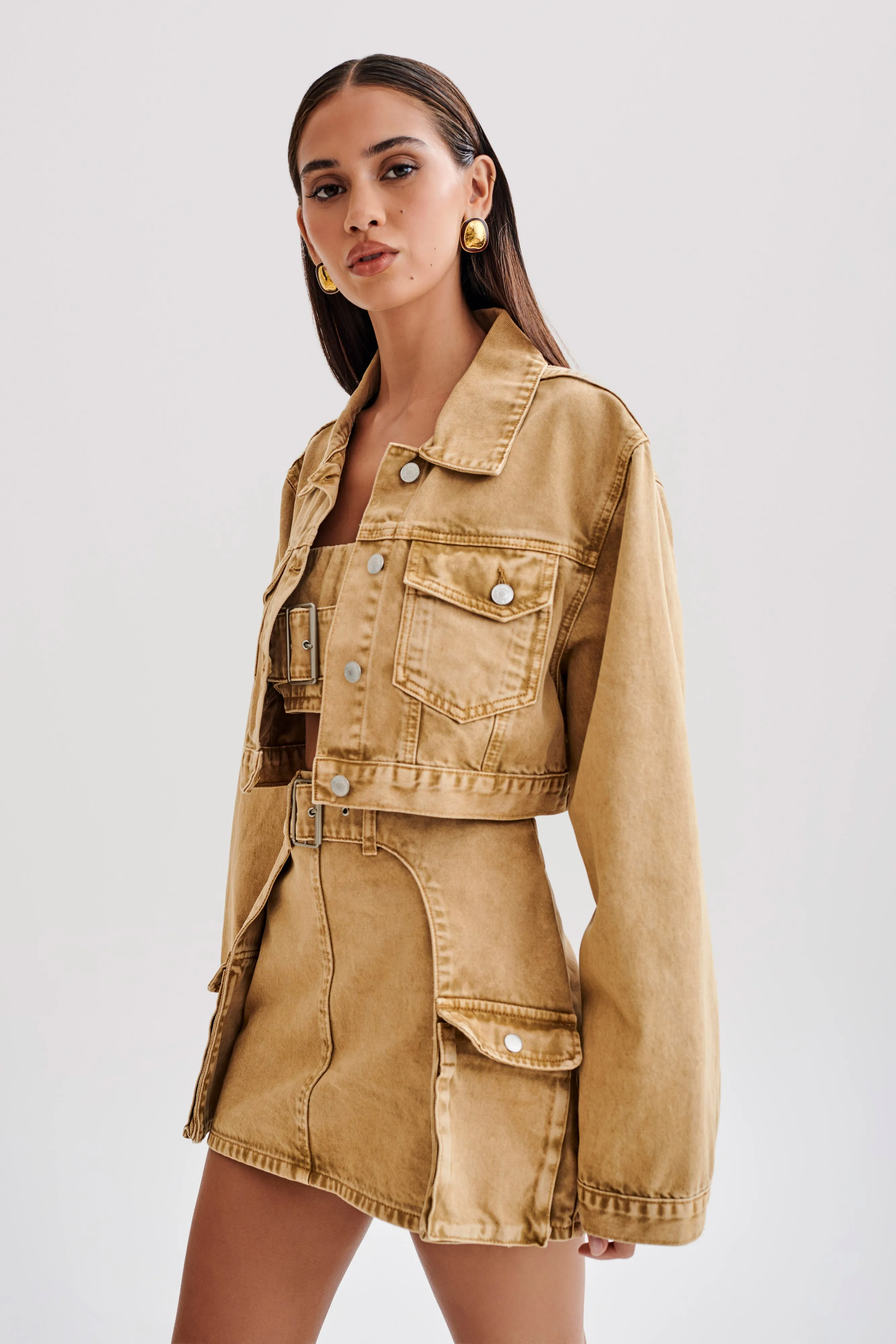 Rowena Denim Cropped Jacket - Tan Acid Wash