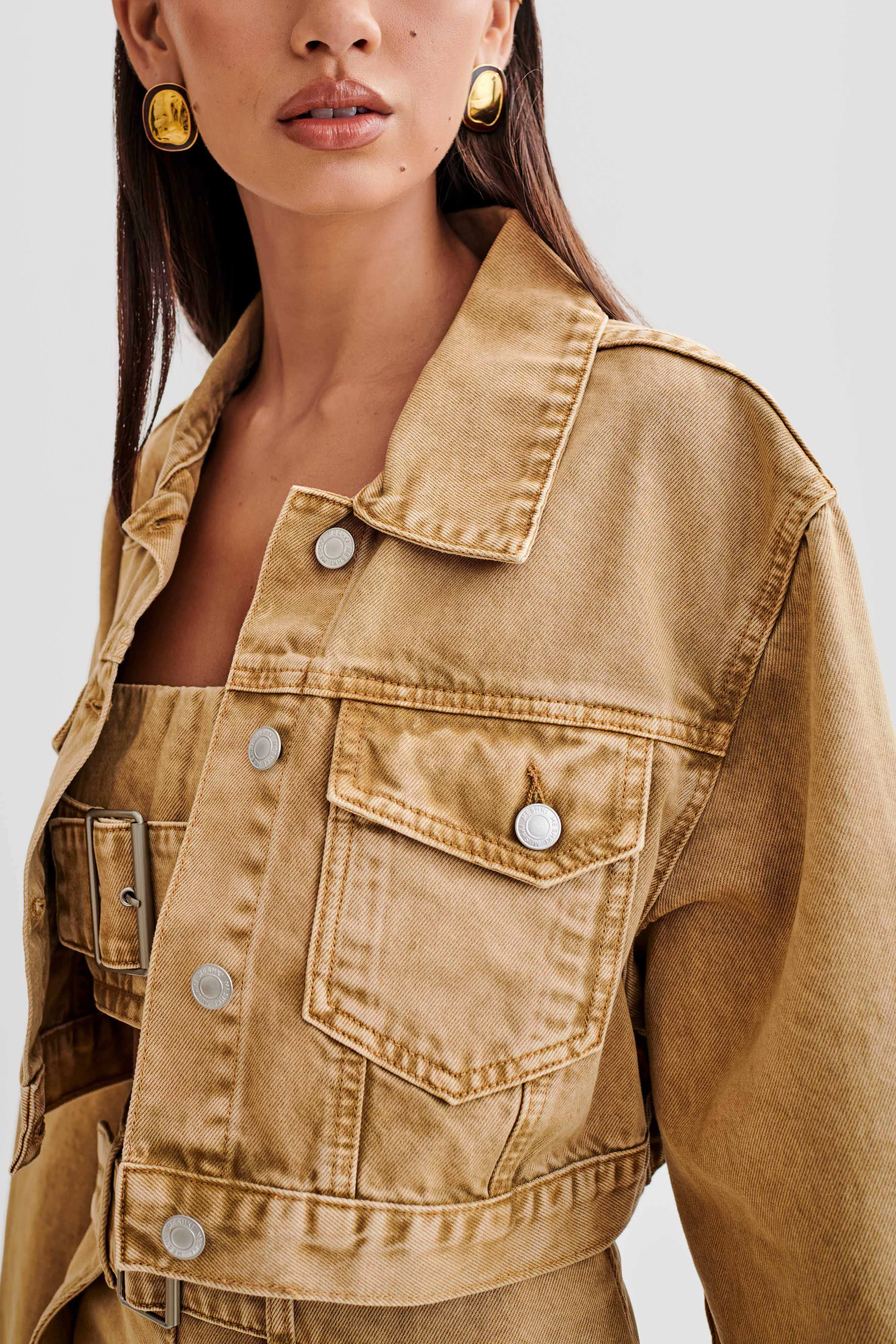 Rowena Denim Cropped Jacket - Tan Acid Wash