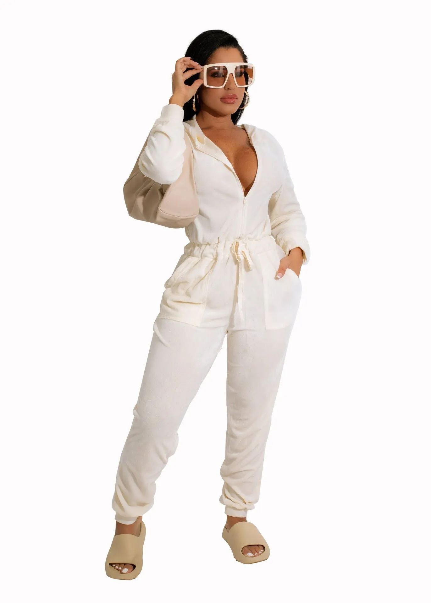 Soft Breathable Deep V-Neck Hooded Jumpsuit