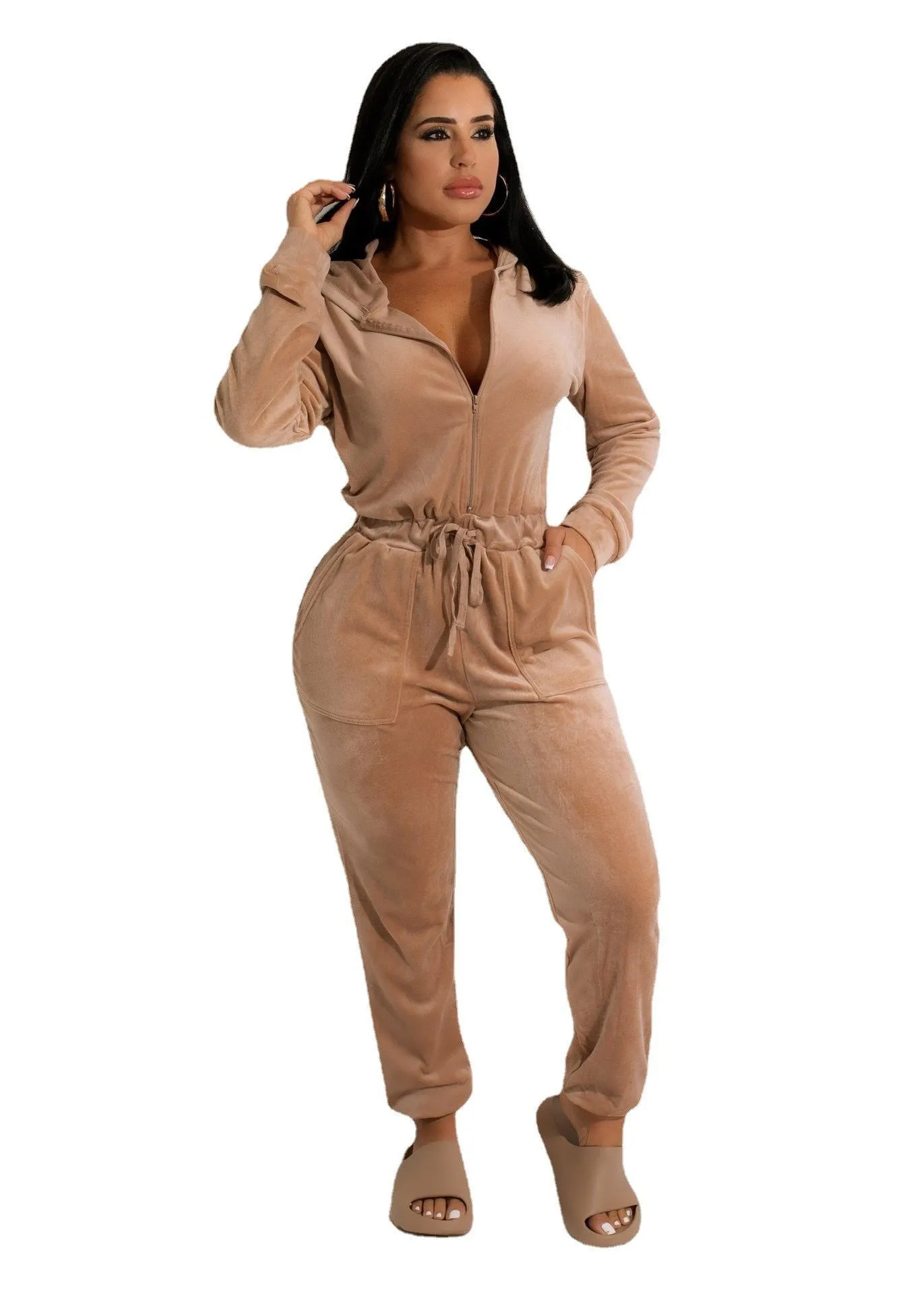 Soft Breathable Deep V-Neck Hooded Jumpsuit