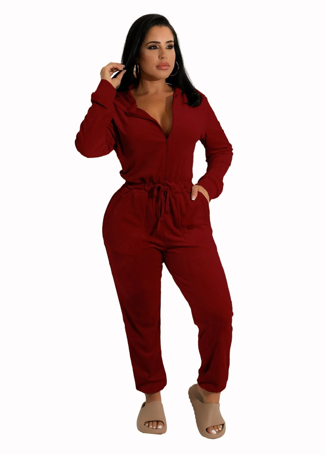 Soft Breathable Deep V-Neck Hooded Jumpsuit