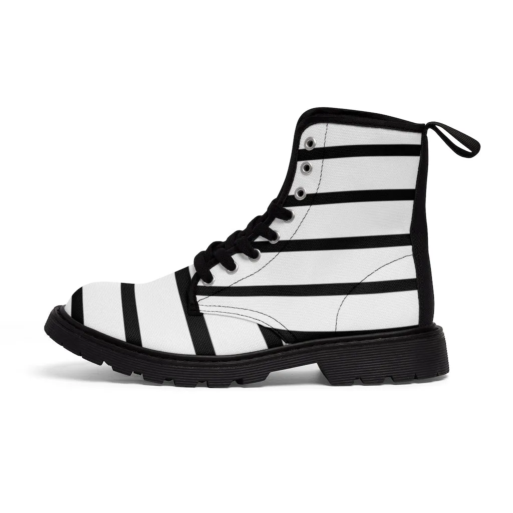 Striped Women's Canvas Boots, Modern White Black Stripes Print Winter Boots For Ladies