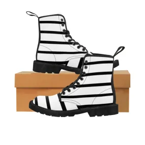 Striped Women's Canvas Boots, Modern White Black Stripes Print Winter Boots For Ladies