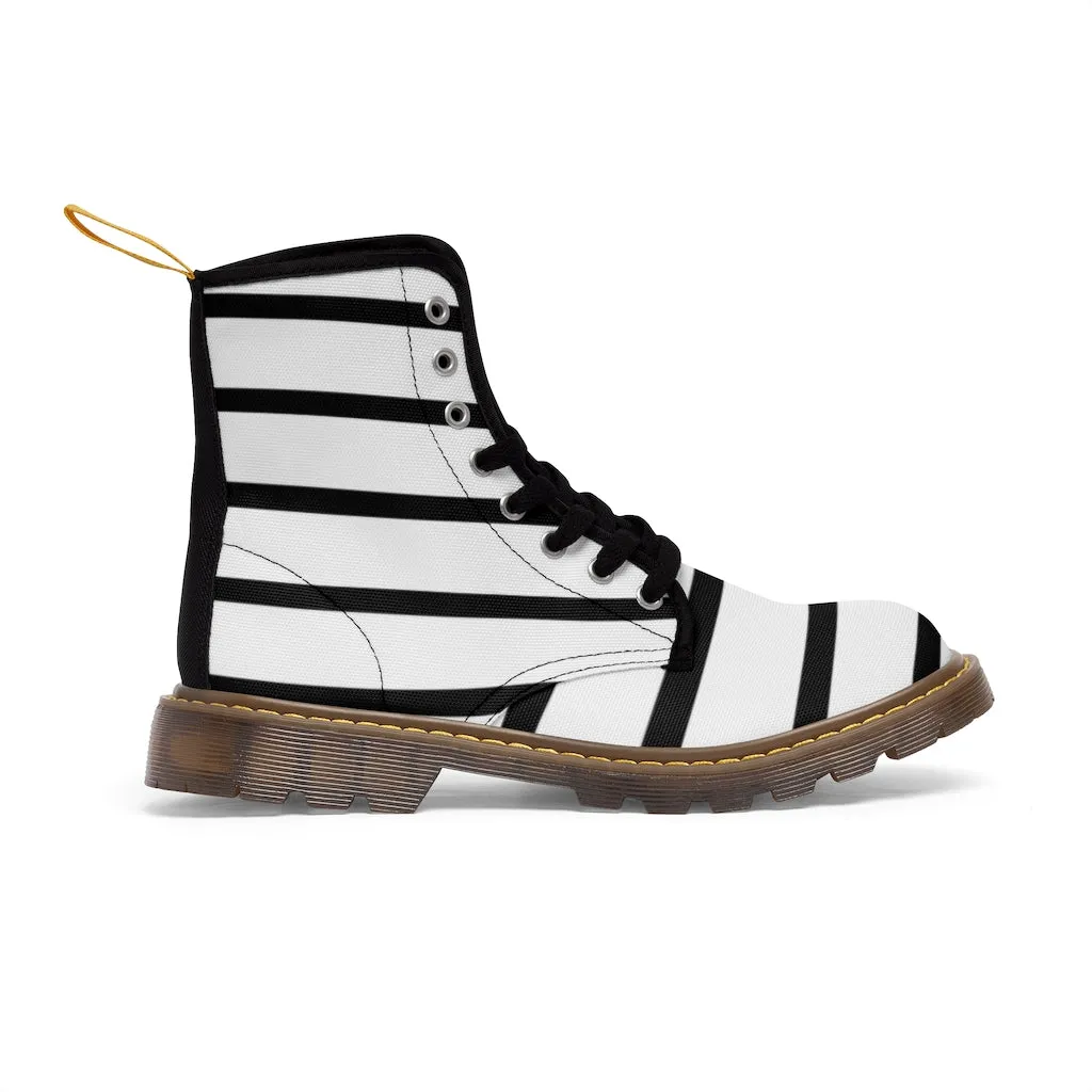 Striped Women's Canvas Boots, Modern White Black Stripes Print Winter Boots For Ladies