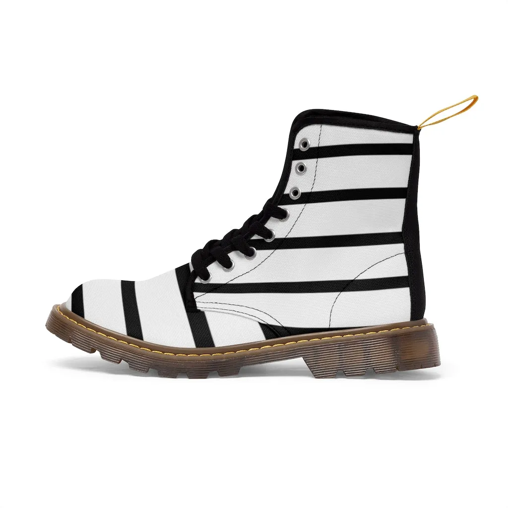 Striped Women's Canvas Boots, Modern White Black Stripes Print Winter Boots For Ladies