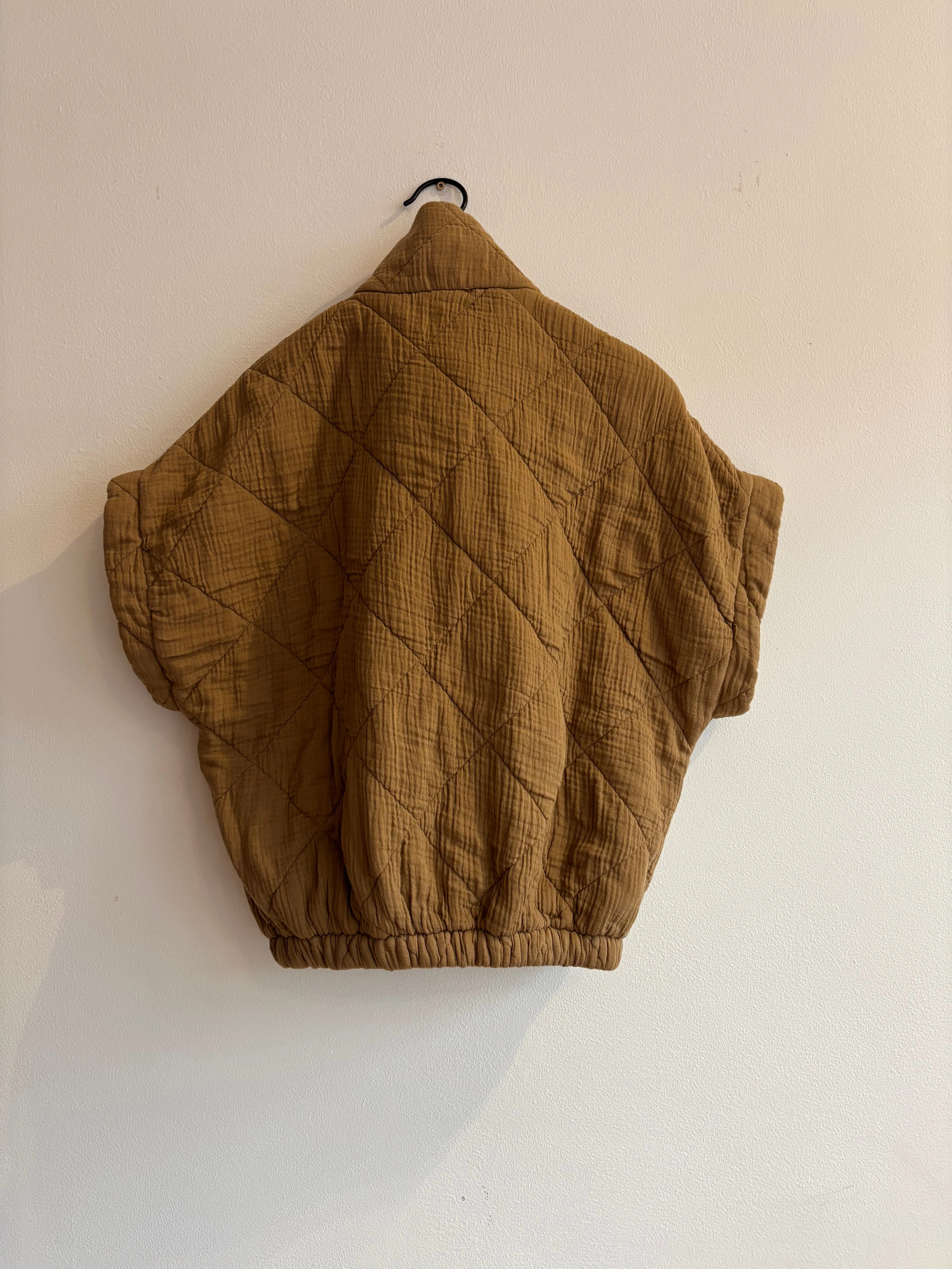 Tan Cropped Sleeve Quilted Bomber Jacket