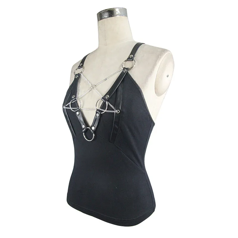 TT105 sexy women punk metallic inverted pentagram cotton vest with chains