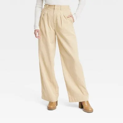 Universal Thread Women's Loose Fit Chino Pants Pleated High-Rise Wide Leg