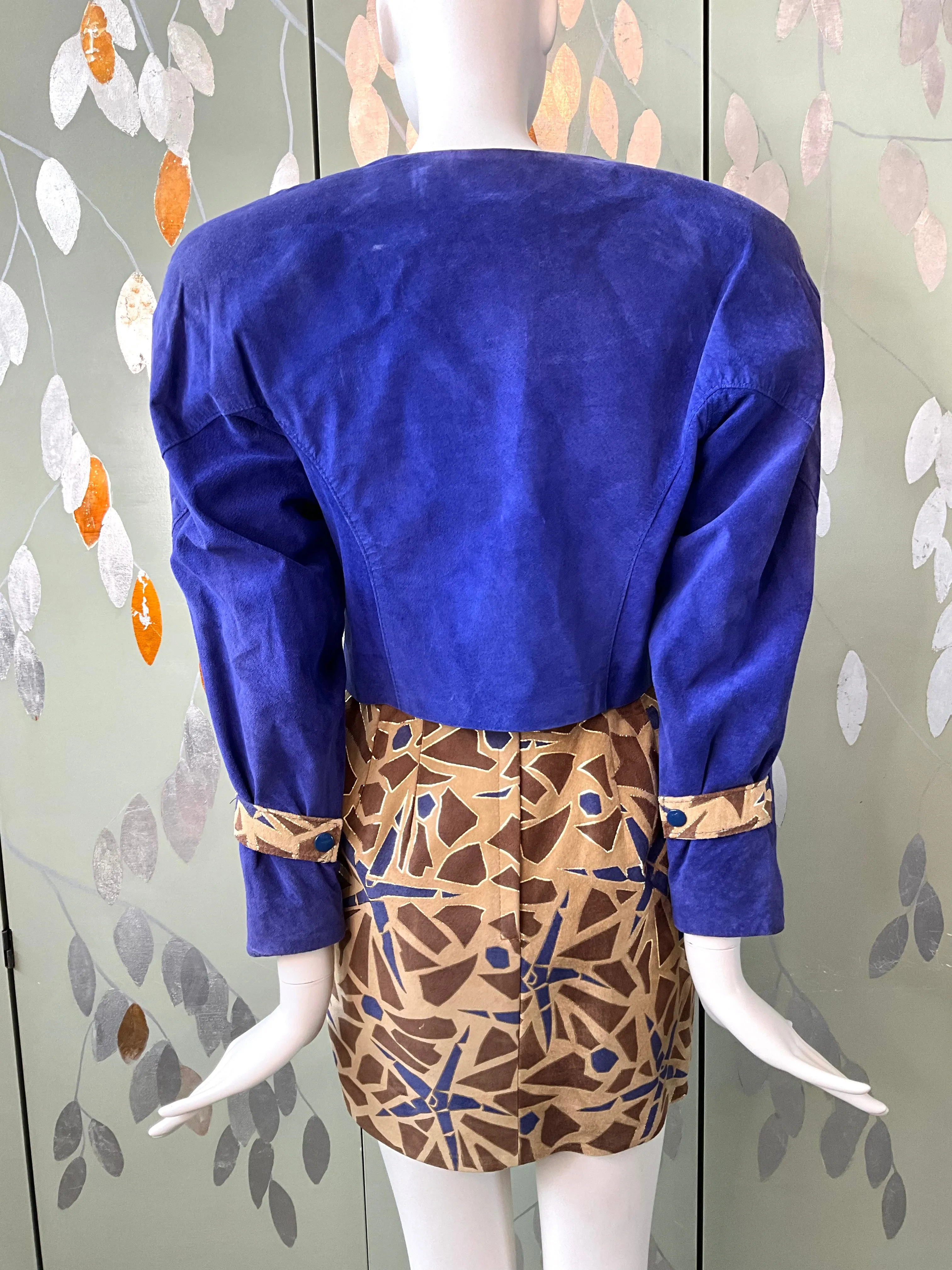 Vintage 1980s Blue Brown Patterned Suede 4 Piece Set, XS