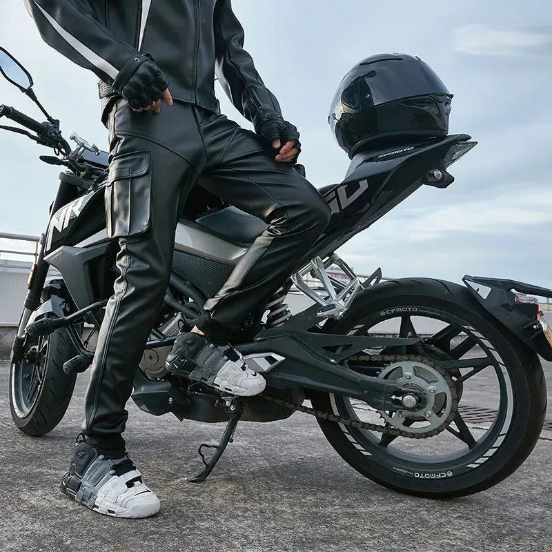 Wiaofellas Cool Motorcycle Faux Leather Pants Warm Autumn Winter PU Waterproof Windproof Biker Cargo Pants Trousers For Man