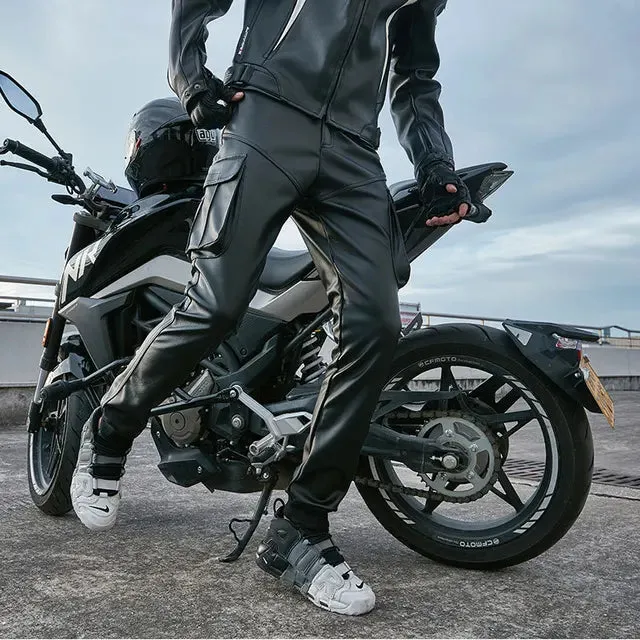 Wiaofellas Cool Motorcycle Faux Leather Pants Warm Autumn Winter PU Waterproof Windproof Biker Cargo Pants Trousers For Man