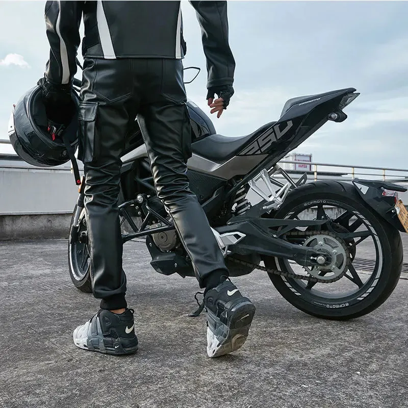 Wiaofellas Cool Motorcycle Faux Leather Pants Warm Autumn Winter PU Waterproof Windproof Biker Cargo Pants Trousers For Man