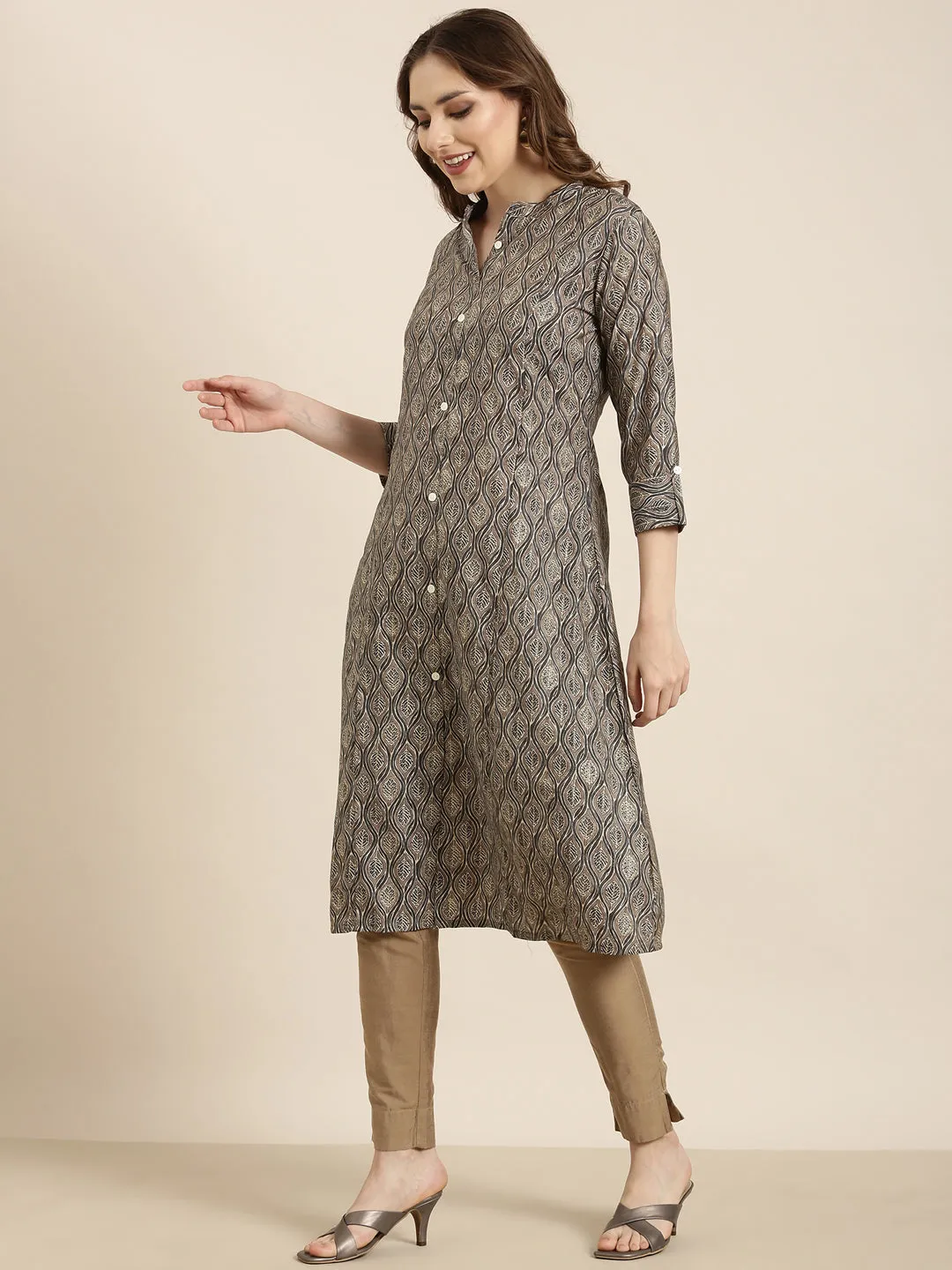 Women A-Line Grey Ethnic Motifs Kurta