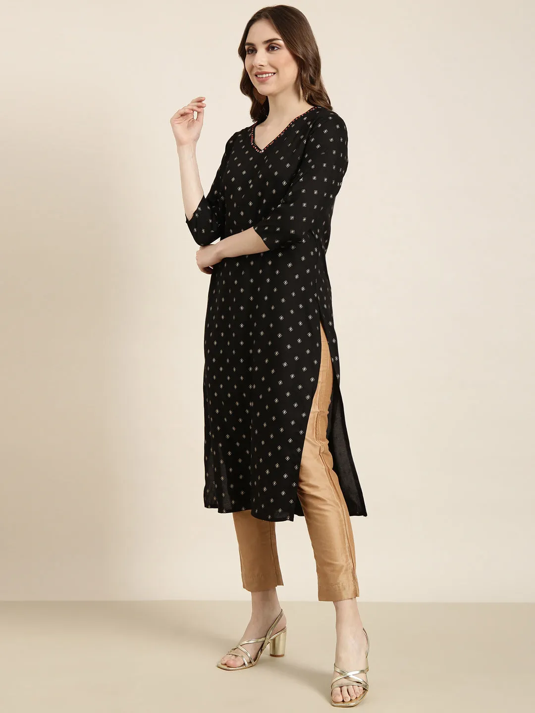 Women Straight Black Geometric Kurta