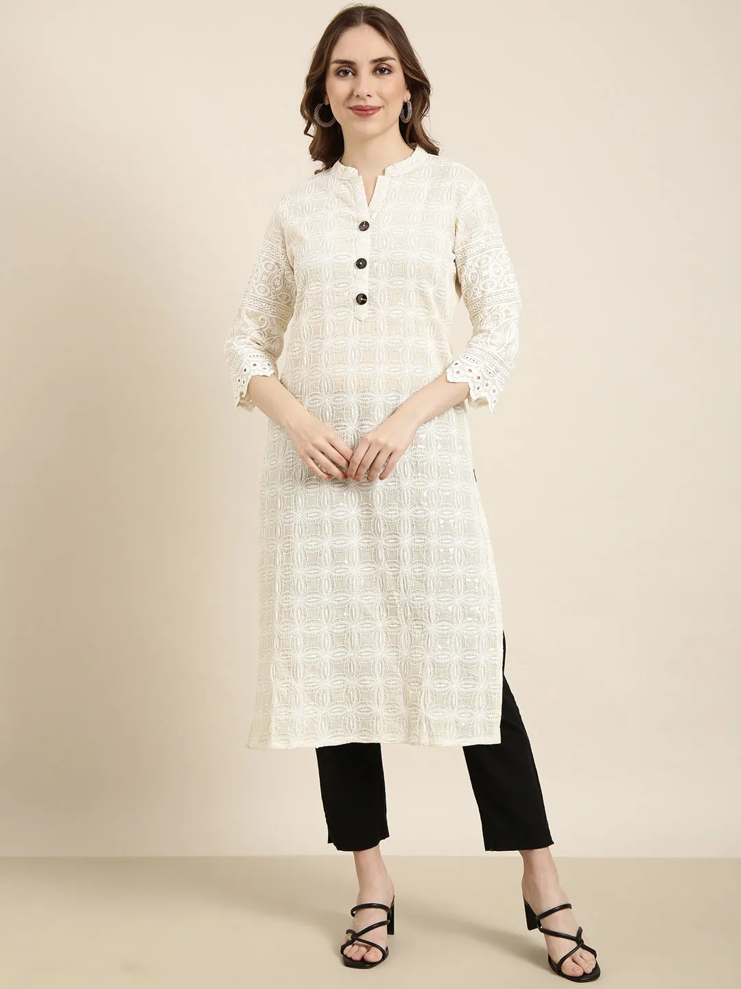 Women Straight Cream Embellished Kurta