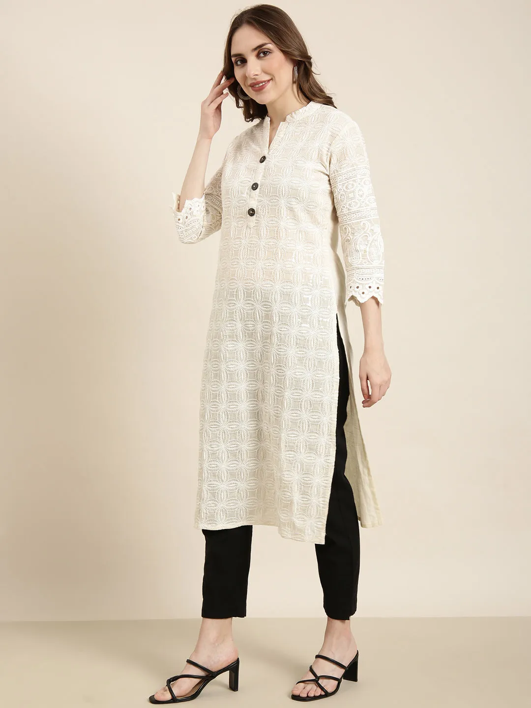 Women Straight Cream Embellished Kurta