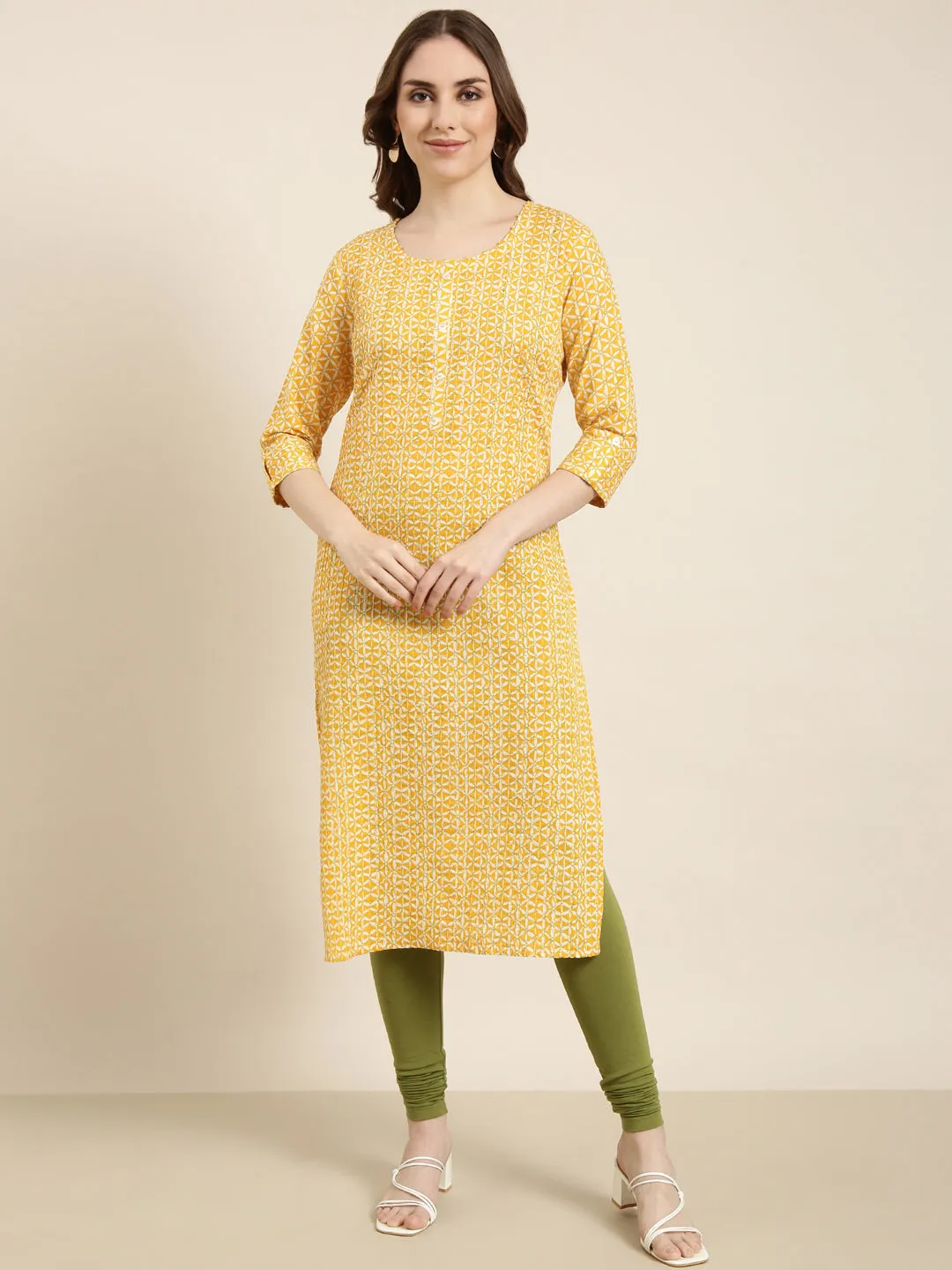 Women Straight Yellow Floral Kurta