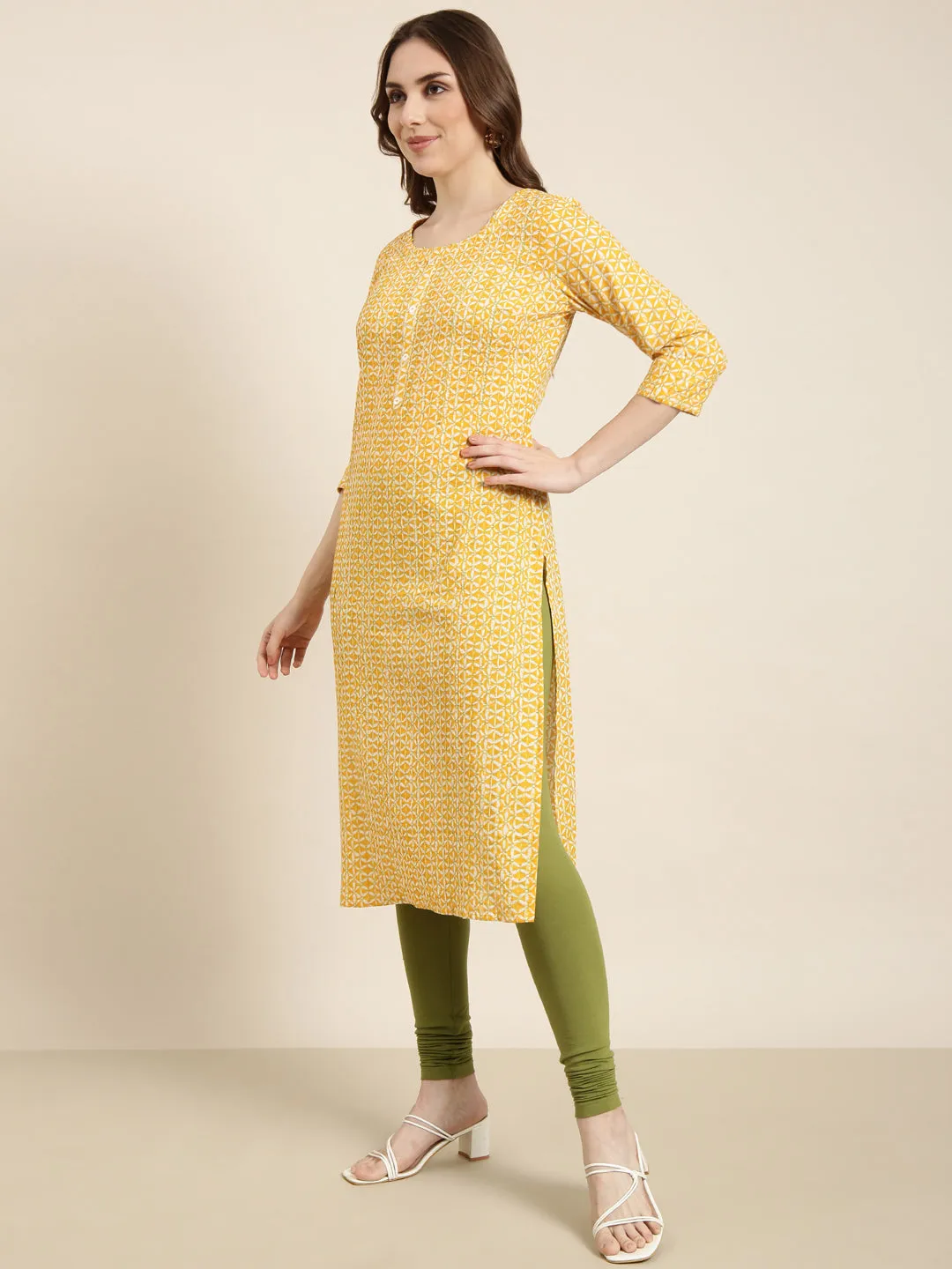 Women Straight Yellow Floral Kurta