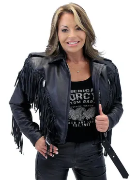 Womens Black Cropped Leather Jacket with Fringe