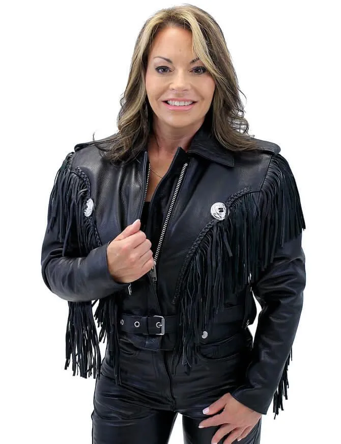 Womens Black Cropped Leather Jacket with Fringe