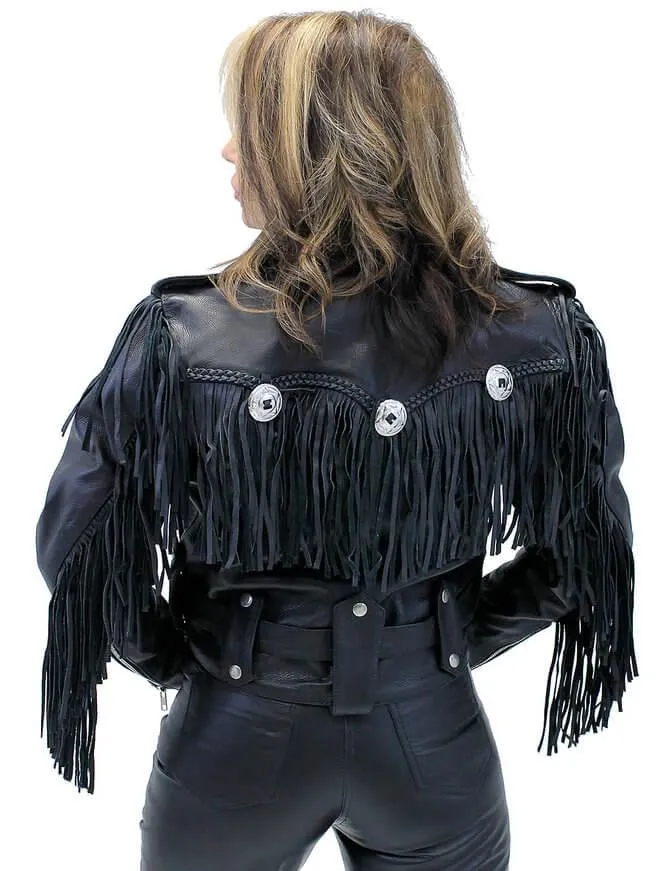 Womens Black Cropped Leather Jacket with Fringe