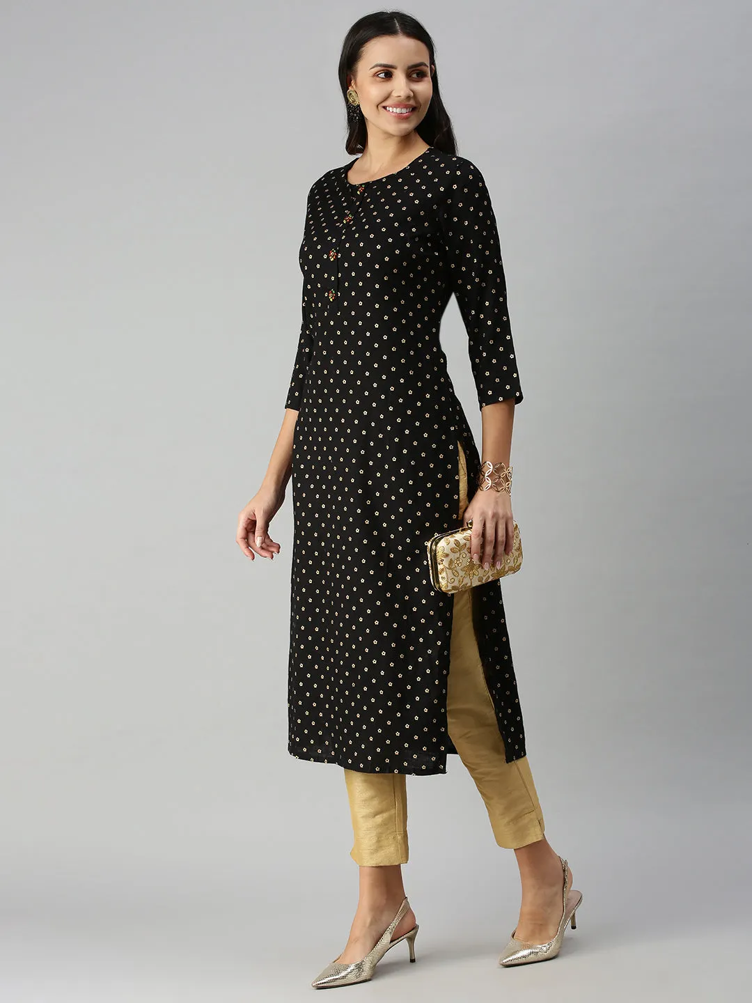 Women's Black Floral Straight Kurta