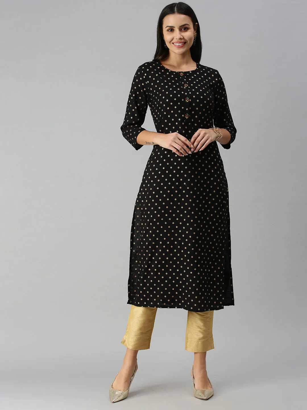 Women's Black Floral Straight Kurta