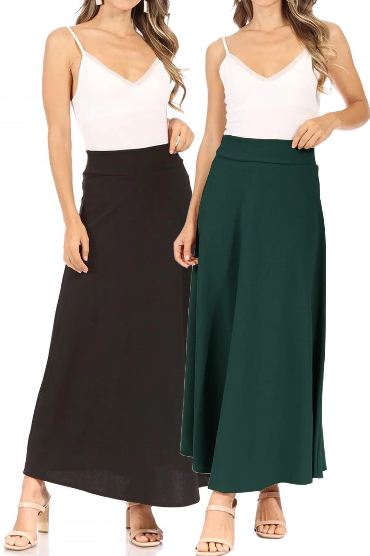 Women's Casual Solid Flare A-line Long Skirt with Elastic Waistband Pack of 2