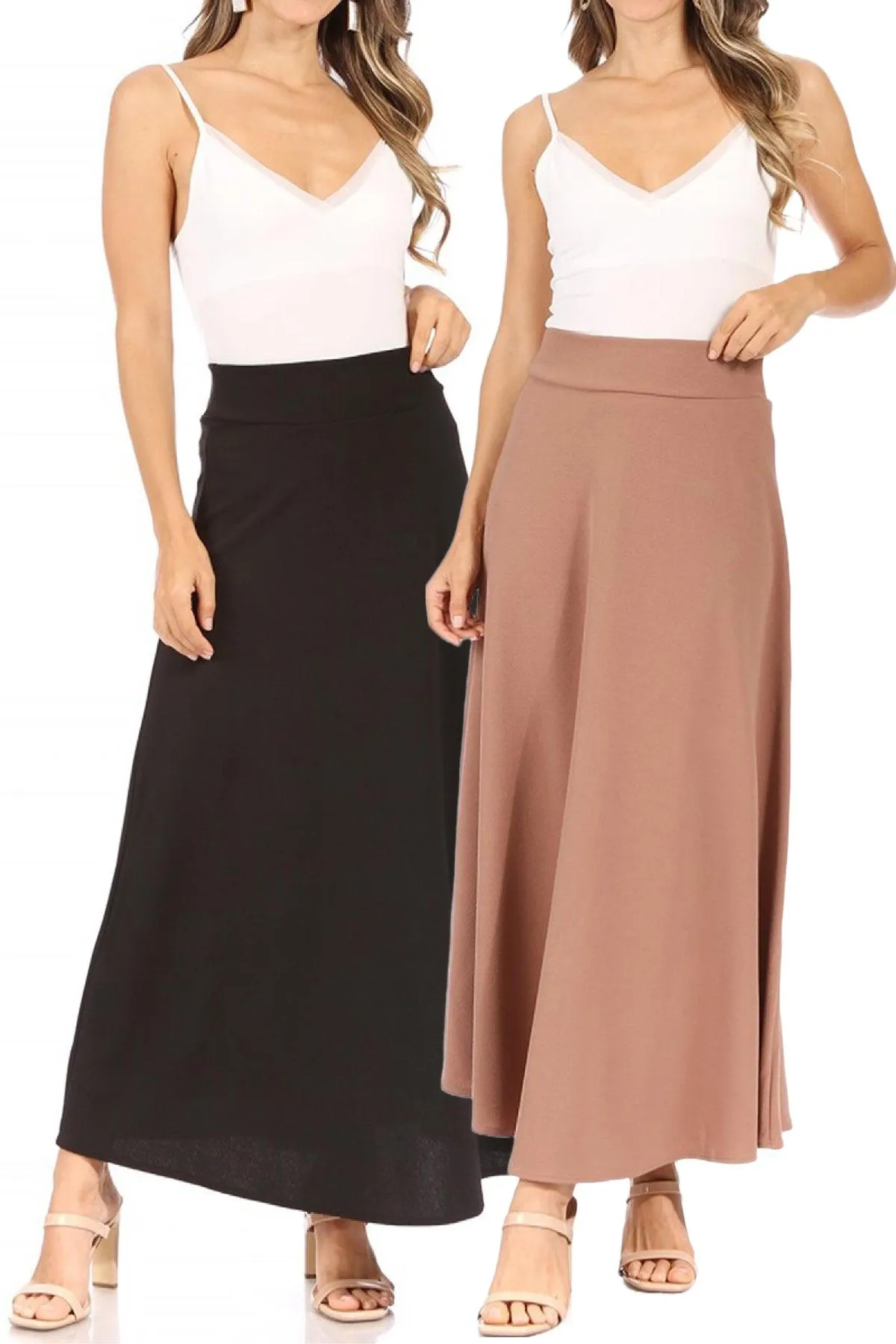 Women's Casual Solid Flare A-line Long Skirt with Elastic Waistband Pack of 2