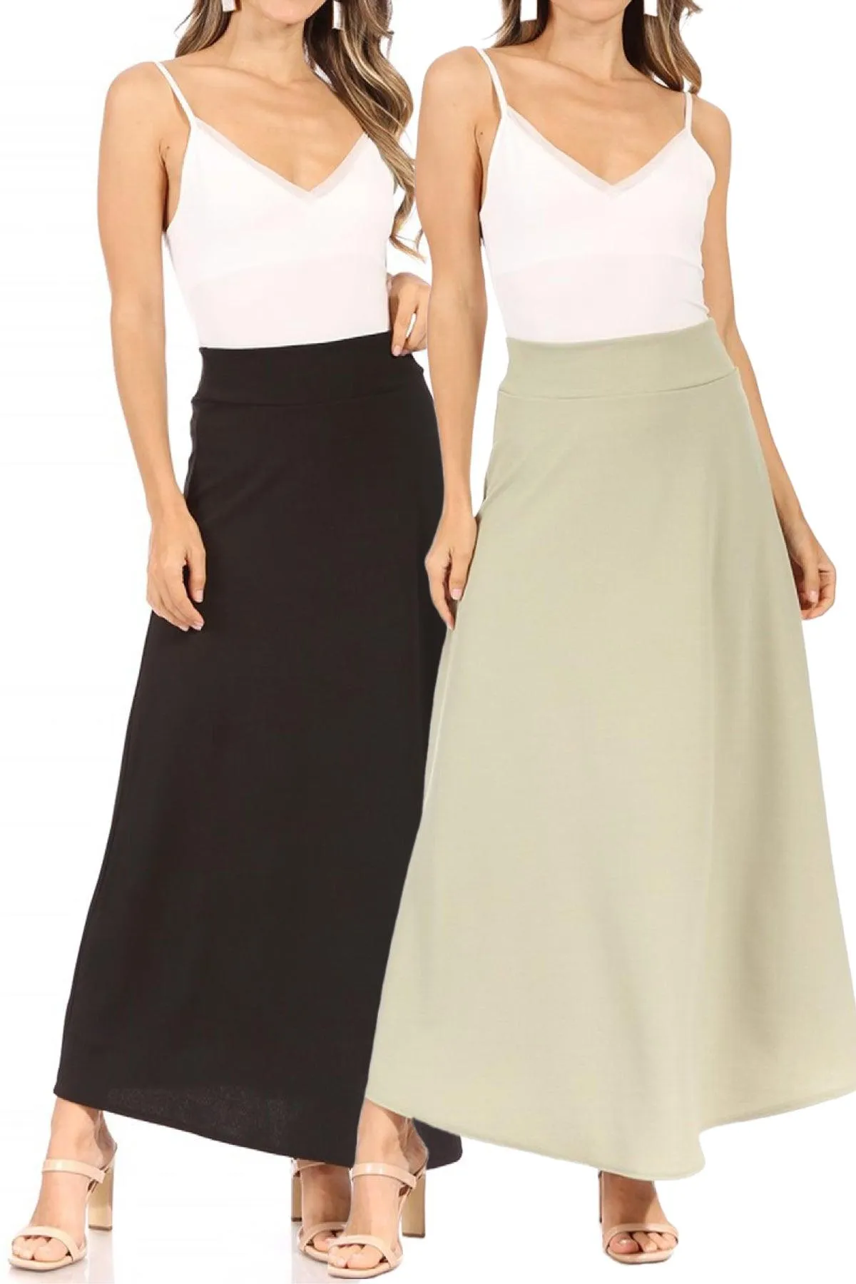 Women's Casual Solid Flare A-line Long Skirt with Elastic Waistband Pack of 2