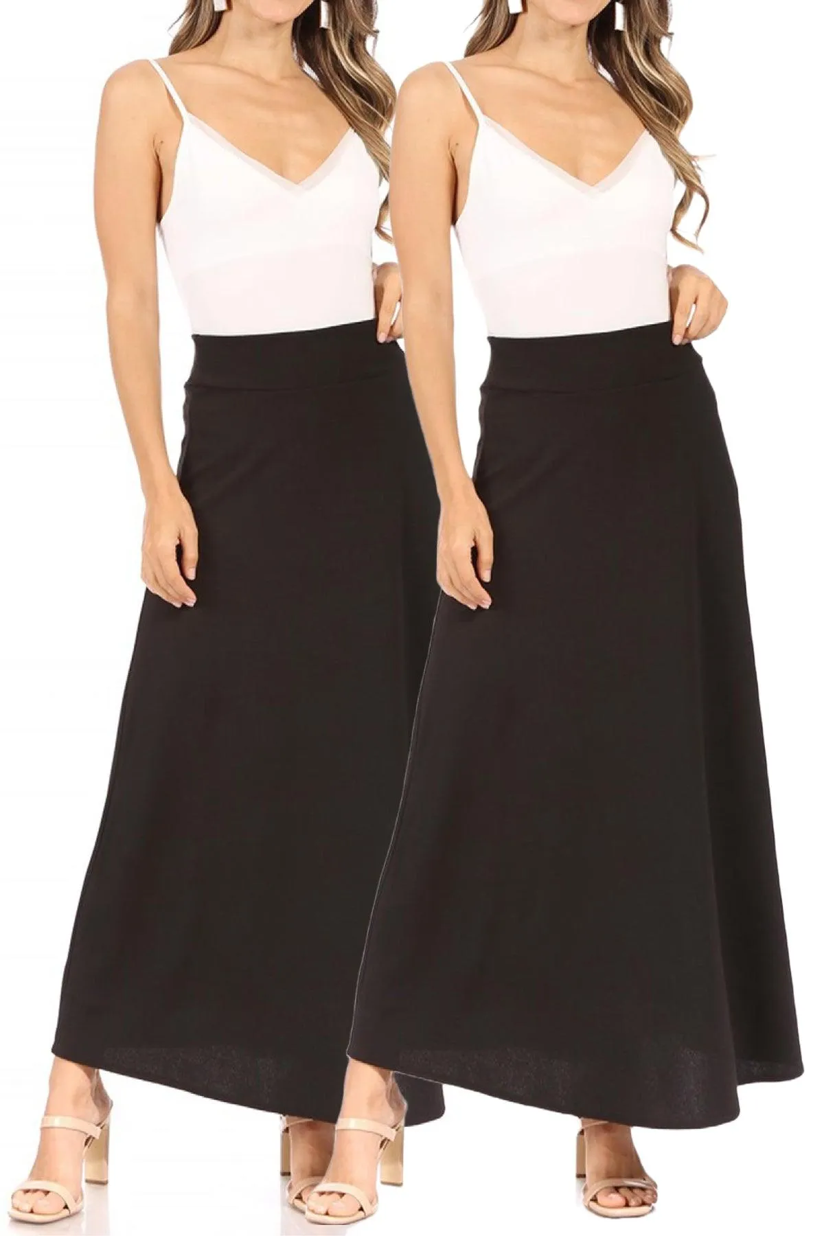 Women's Casual Solid Flare A-line Long Skirt with Elastic Waistband Pack of 2