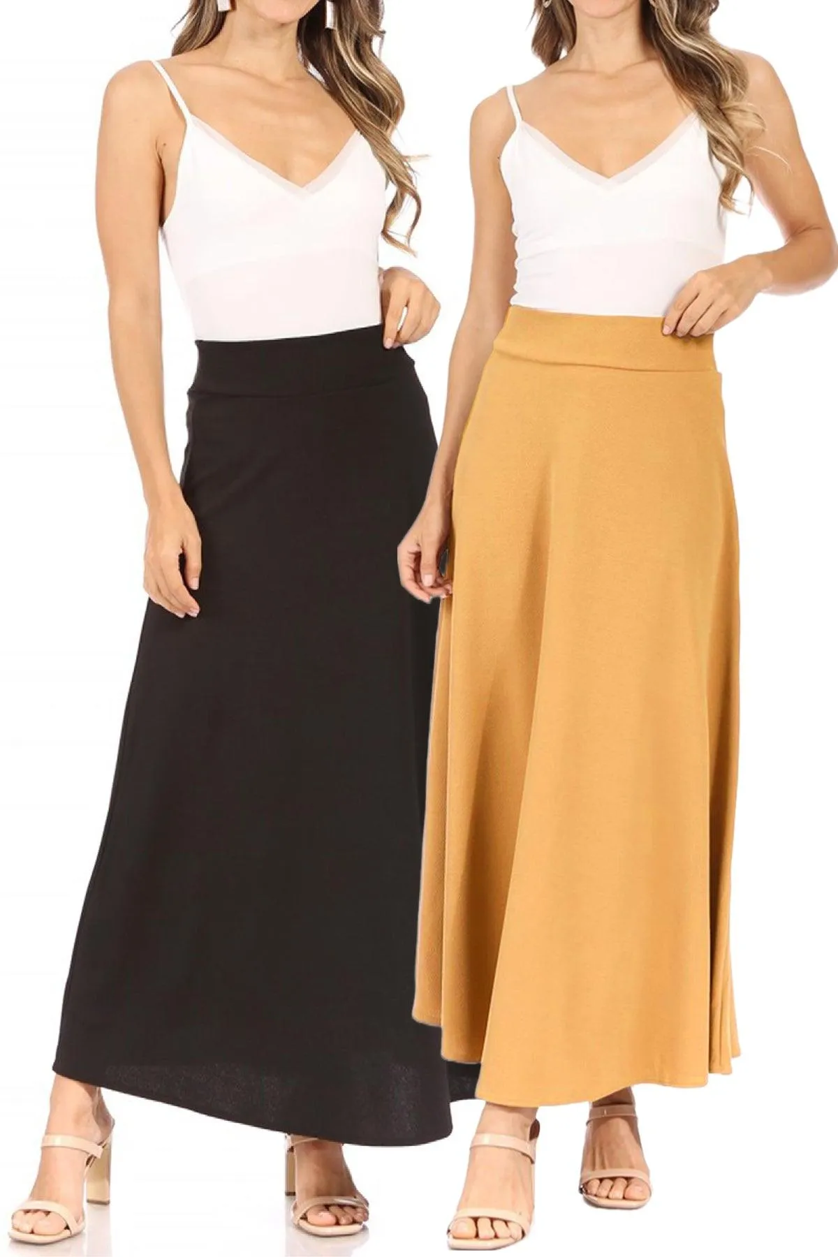 Women's Casual Solid Flare A-line Long Skirt with Elastic Waistband Pack of 2