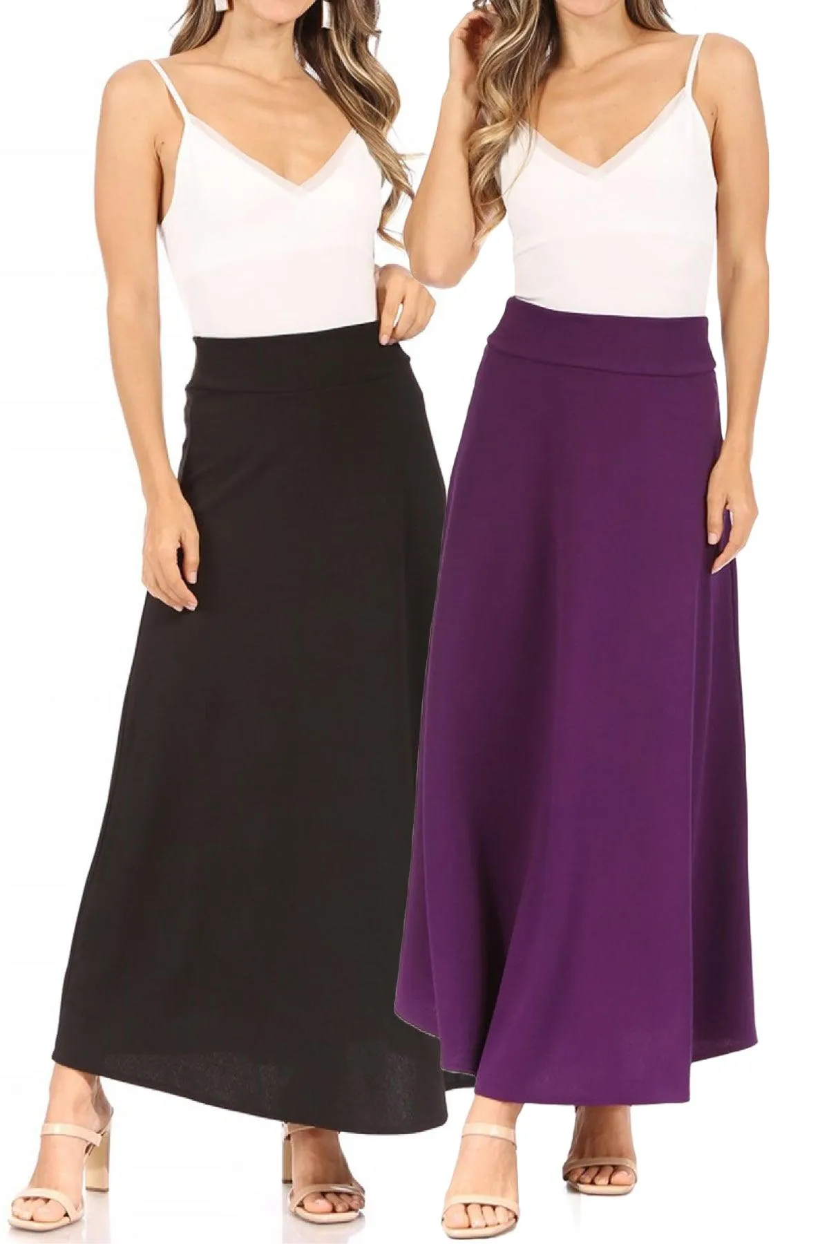 Women's Casual Solid Flare A-line Long Skirt with Elastic Waistband Pack of 2