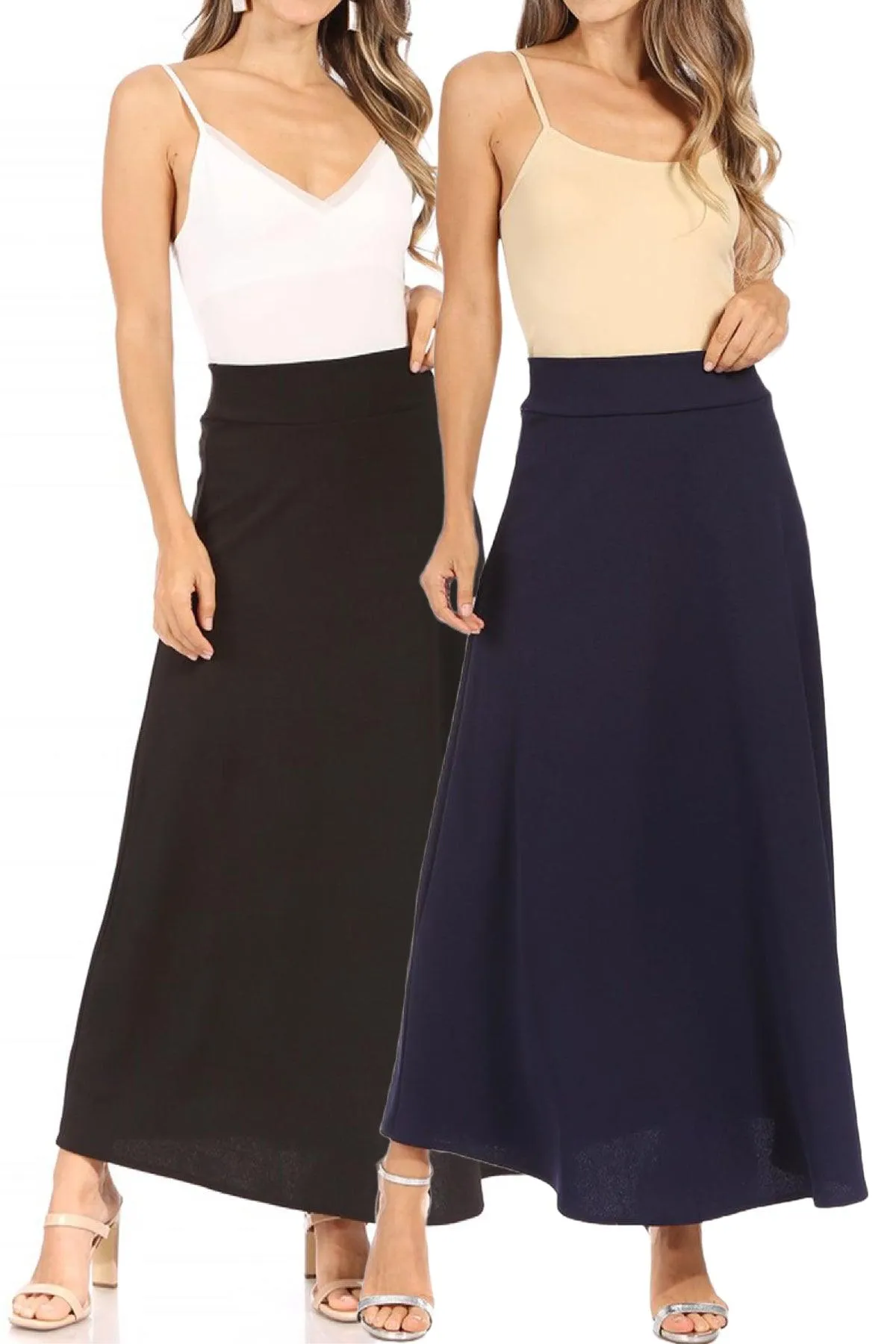 Women's Casual Solid Flare A-line Long Skirt with Elastic Waistband Pack of 2