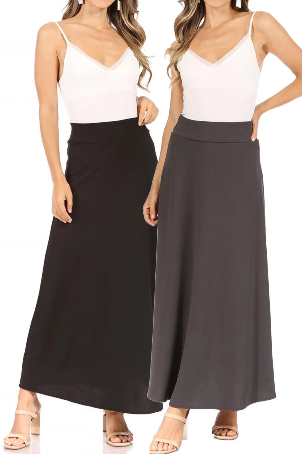 Women's Casual Solid Flare A-line Long Skirt with Elastic Waistband Pack of 2