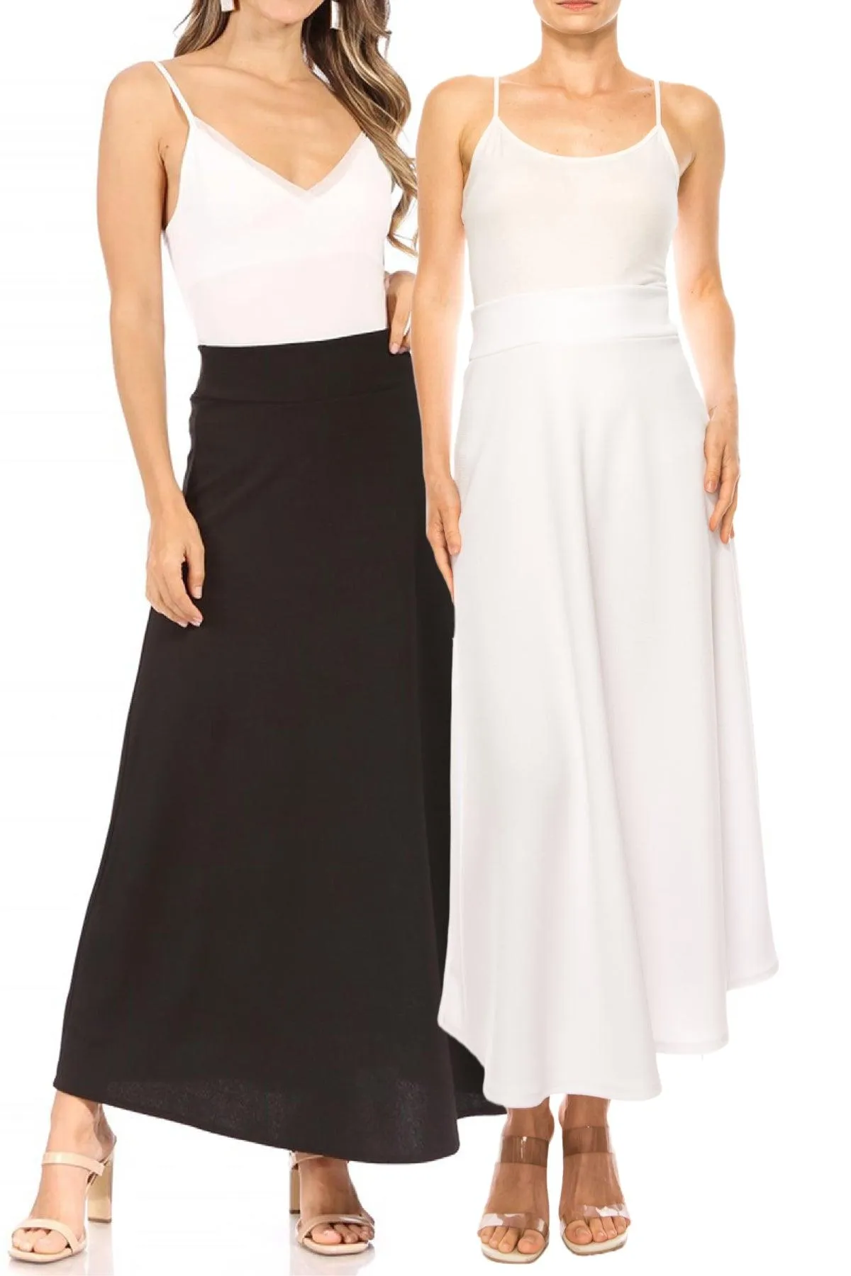 Women's Casual Solid Flare A-line Long Skirt with Elastic Waistband Pack of 2