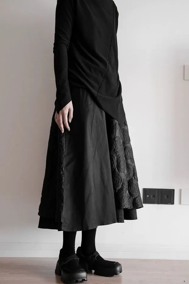 Women's Jacquard Dark Textured Double Layered Patchwork Large Hem Skirt-Kaori Skirt