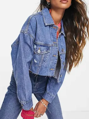 Women's Ripped Cropped Denim Jacket,Blue