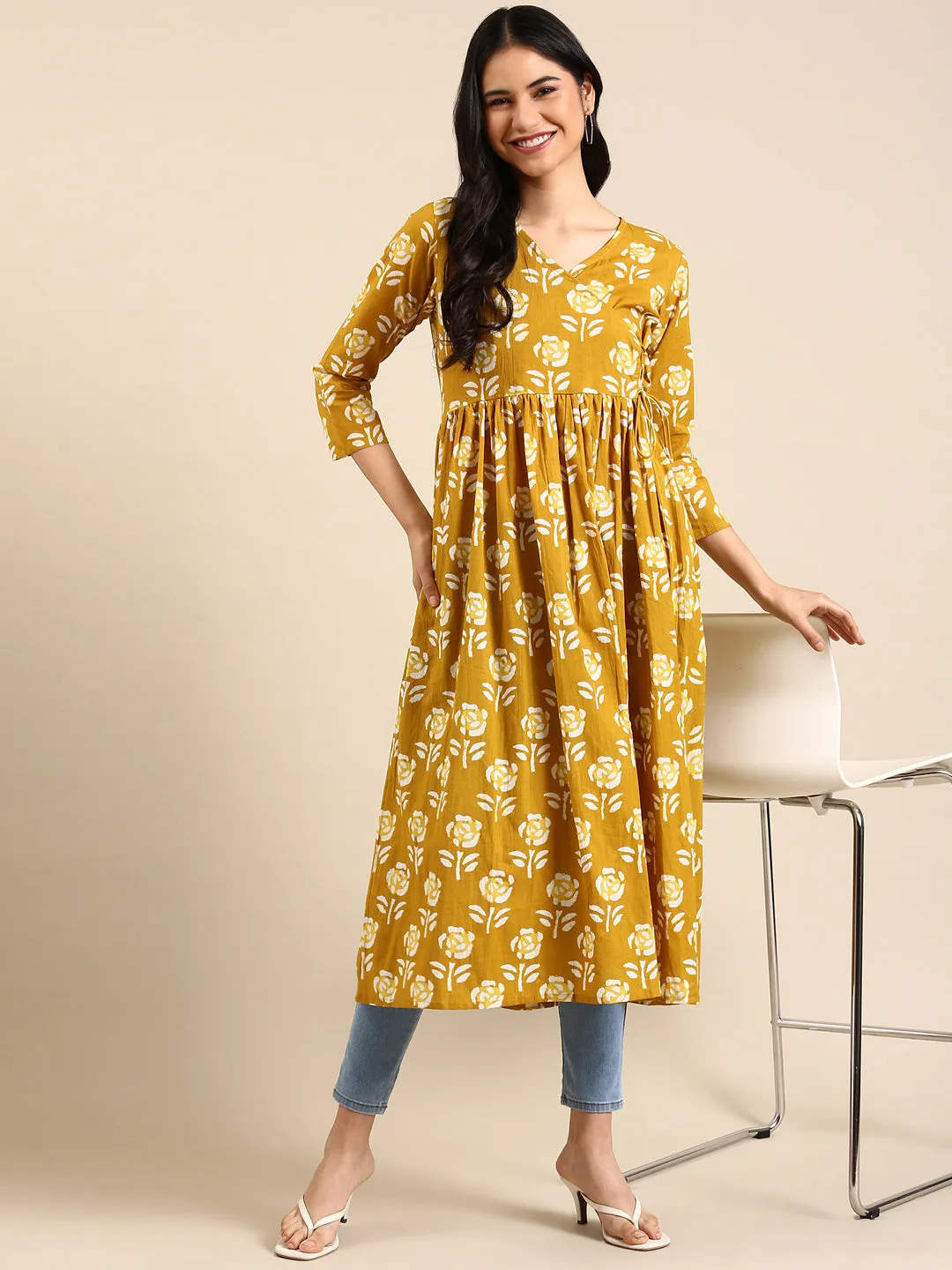 Women's Yellow Printed A-Line Kurta