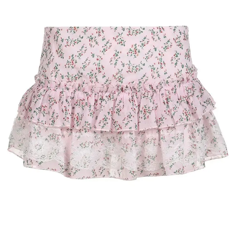 YESMYTOOL  -   Coquette Pink Mini Skirt Women Y2k Low Waist Lace Patchwork Cute Sexy Fairycore Mesh Floral Skirt Summer Mori Girl